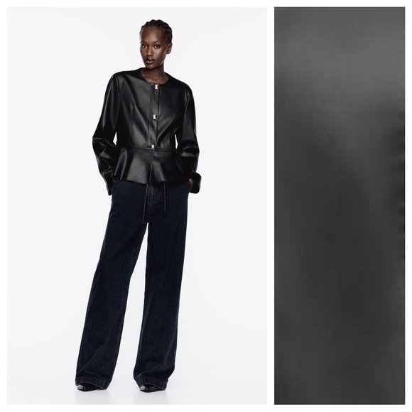 NWT. Zara Black Faux Leather Peplum Blazer/Jacket. Size L, XL. - Picture 2 of 16